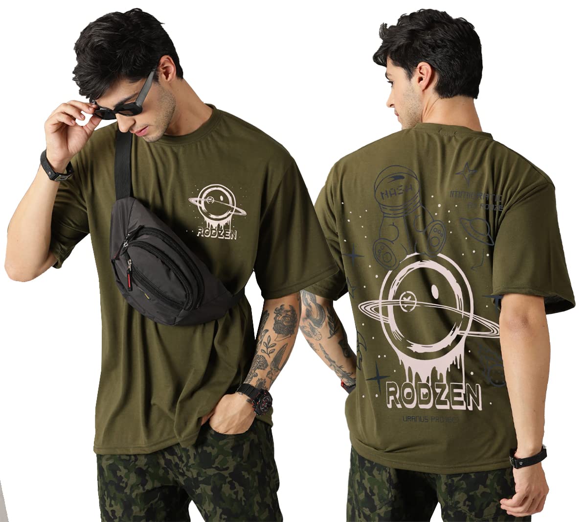 RodZenOversized Loose Baggy Fit Drop Shoulder Half Sleeves Cotton Blend Graphic Printed T-Shirt for Men