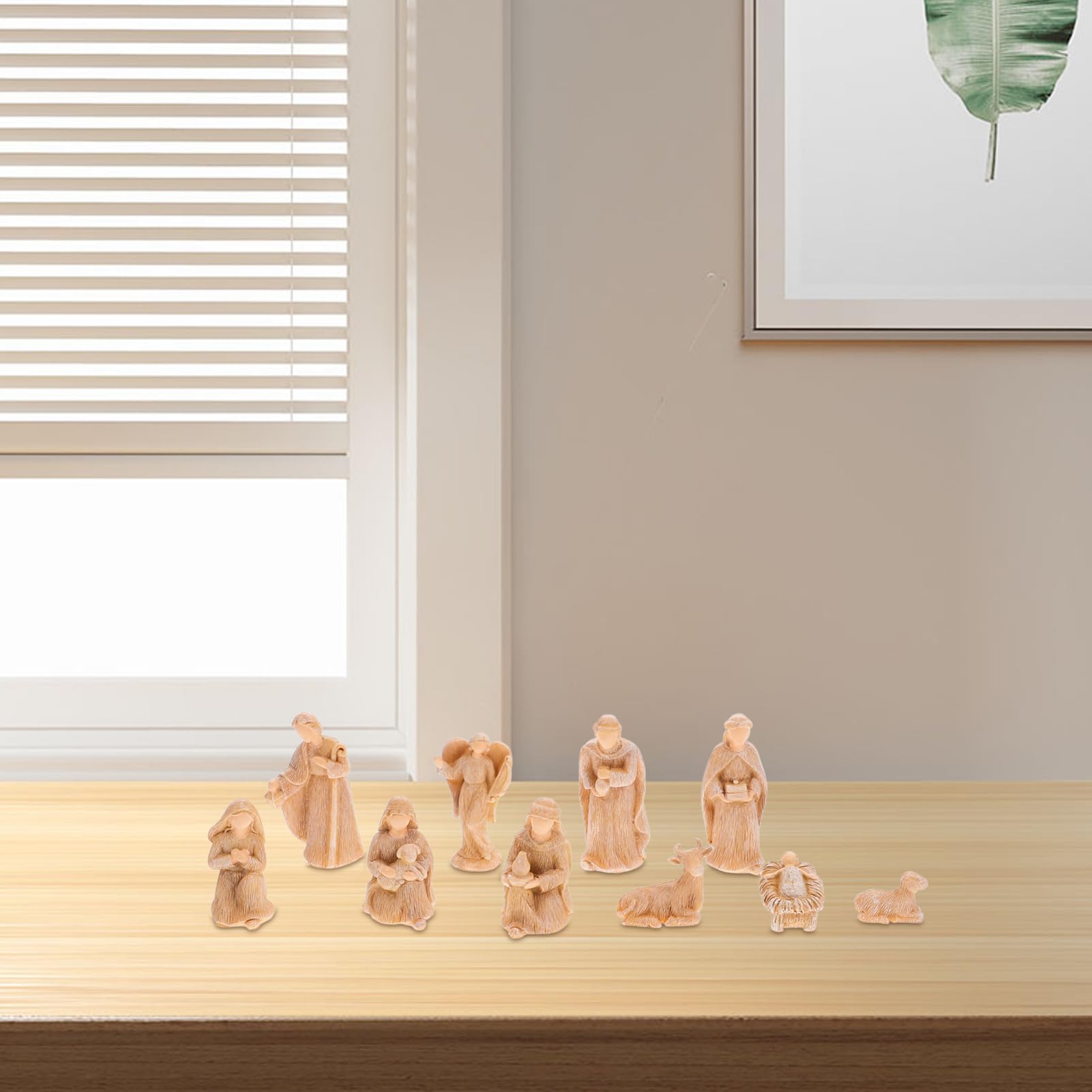 Happyyami Weihnachtskrippe aus Kunstharz mit 10-teiligem Jesus Geburtskrippenset in Beige Dekoratives Krippenfiguren Satz für Kirche und Büro