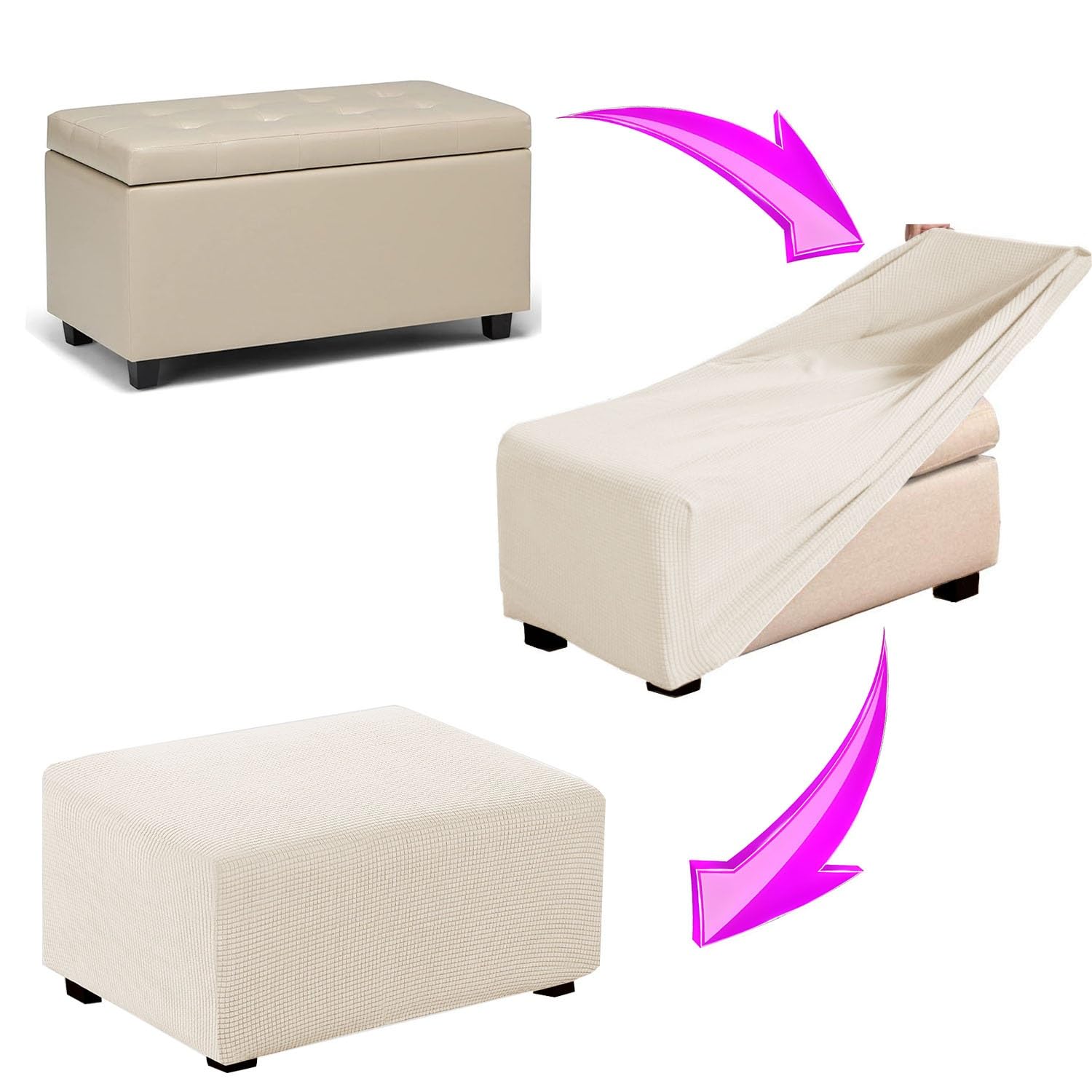 Housse de Tabouret Pliant en Housse de Pouf Rangement Pliable Housse de Repose-pieds de Stockage Rectangle Housse Ottomane Housses de Pouf Extensible Rectangulaire avec Couvercle Amovible Assise(Beige