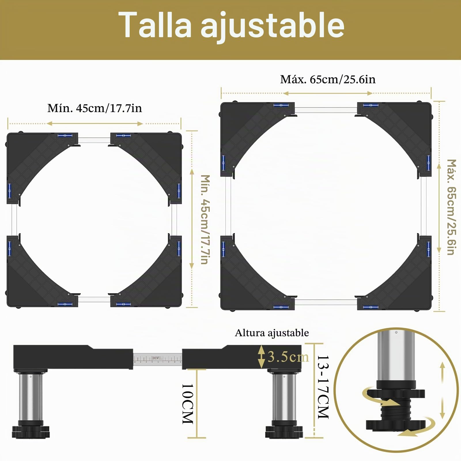 DEWEL Soporte Lavadora Ajustable para Lavadoras, Frigoríficos y Secadoras | con Cuatro Pies de Acero Inoxidable, Ancho Regulable 45-65cm, Altura 13-17cm, Carga Máxima 200 kg, Negro