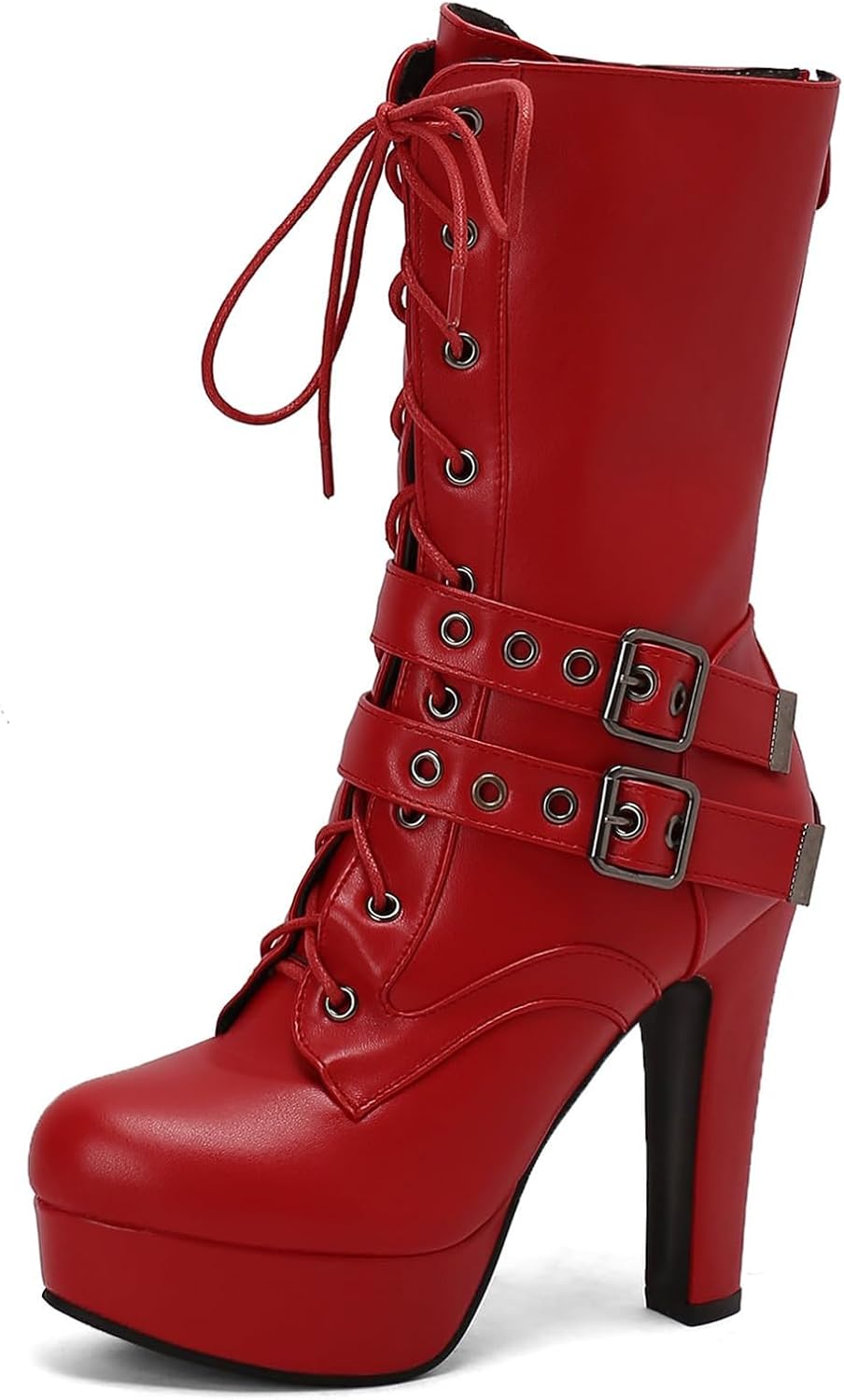 ZKXYFFS Women's Goth Leather Block Heel Ankle Boots Chunky High Heel Fashion Platform Lace Up Buckle Punk Combat Short Booties