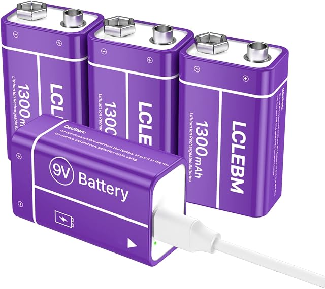 LCLEBM USB Rechargeable 9V Batteries, 1300mAh 9V Lithium Rechargeable 9V Batteries Long Lasting 9 Volt Li-ion Batteries for Smoke Alarm, Wireless Microphones, Smoke Detectors, Flashlights - 4PCS