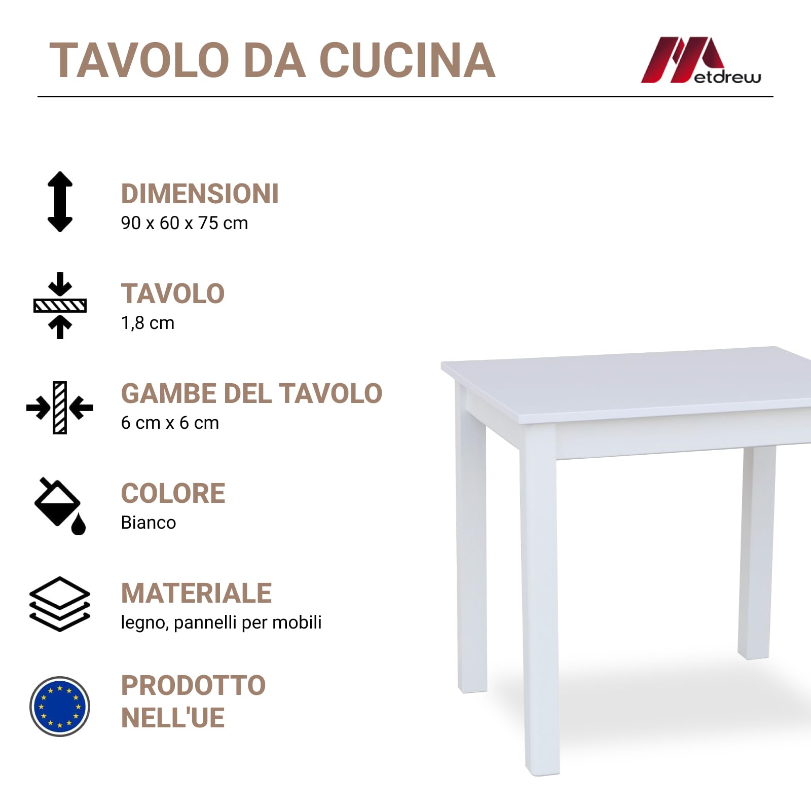 Tavolo da Pranzo in Legno 90x60 cm per 2 Persone - Tavolo Cucina Piccolo Stile Scandinavo - Pino - Piano Bianco