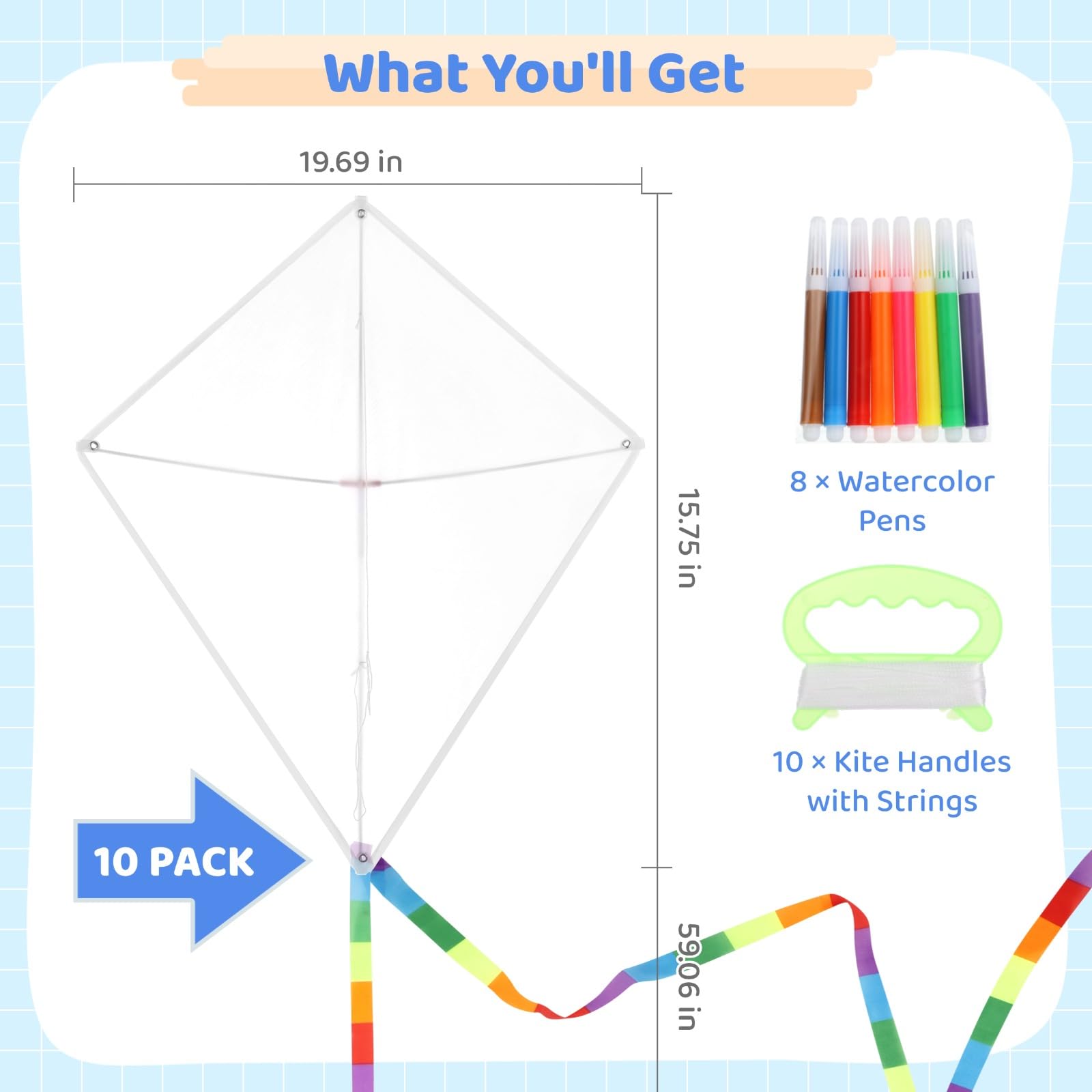 Paquete de 10 cometas en blanco, kit de fabricación a granel para manualidades, kit de fabricación de cometas para niños, kit para hacer tu propio kit de cometas incluye 8 bolígrafos de acuarela para