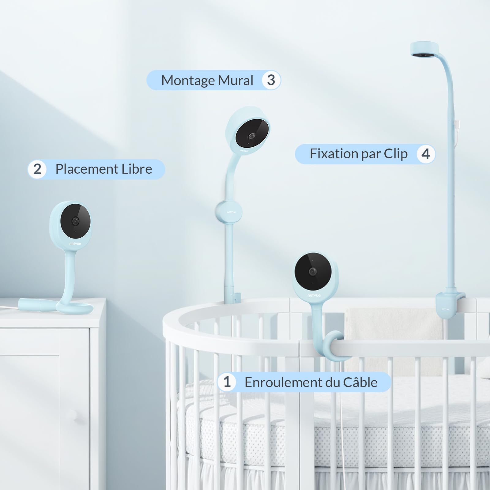 NETVUE Bleu Babyphone Camera 1080P avec Support 4 en 1, sans Fil 5" Babyphone 5000mAh, sans WiFi Camera Bebe avec App, Vision Nocturne, Audio Bidirectionnel, Détection des Pleurs, Mode VOX