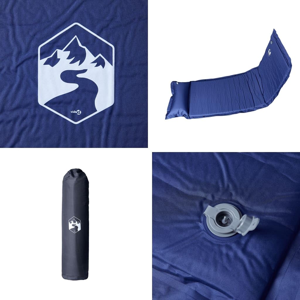 Colchoneta autoinflable con cojín azul marino, 195 x 64 x 4,5 cm, espuma viscoelástica, para acampada al aire libre, senderismo, trekking, plegable, con bolsa de transporte, impermeable