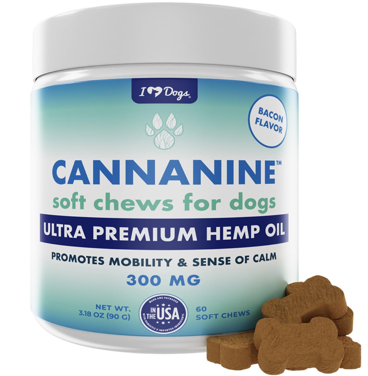 iHeartDogs Hemp Calming & Mobility Chews for Dogs - Dog Anxiety Relief Bites with Hemp - Bacon Flavored Dog Calming Treats for Anxiety, Stress, & Joint Movement