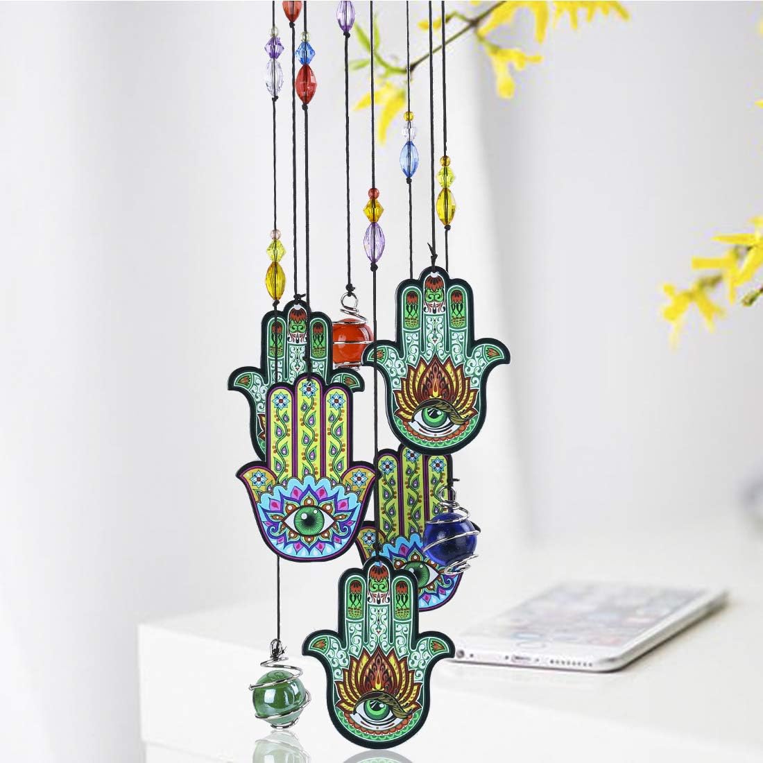 Wind Chimes Outdoor Decor, Metal Memorial Windchimes Hanging Decoration for Garden Home Yard and Christmas Tree,15'' Hamsa Hand Evil Eye Chakra Glass Beaded Design Christmas Decor - Image 7