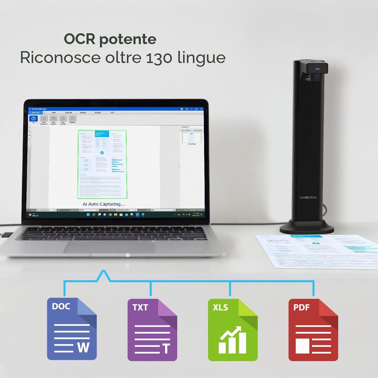 Viisan DL8 Scanner per documenti e libri digitalizza A3 in un attimo, leviga la curvatura delle pagine doppie del libro. 13MP. Modifica delle immagini e software OCR. Windows & Mac