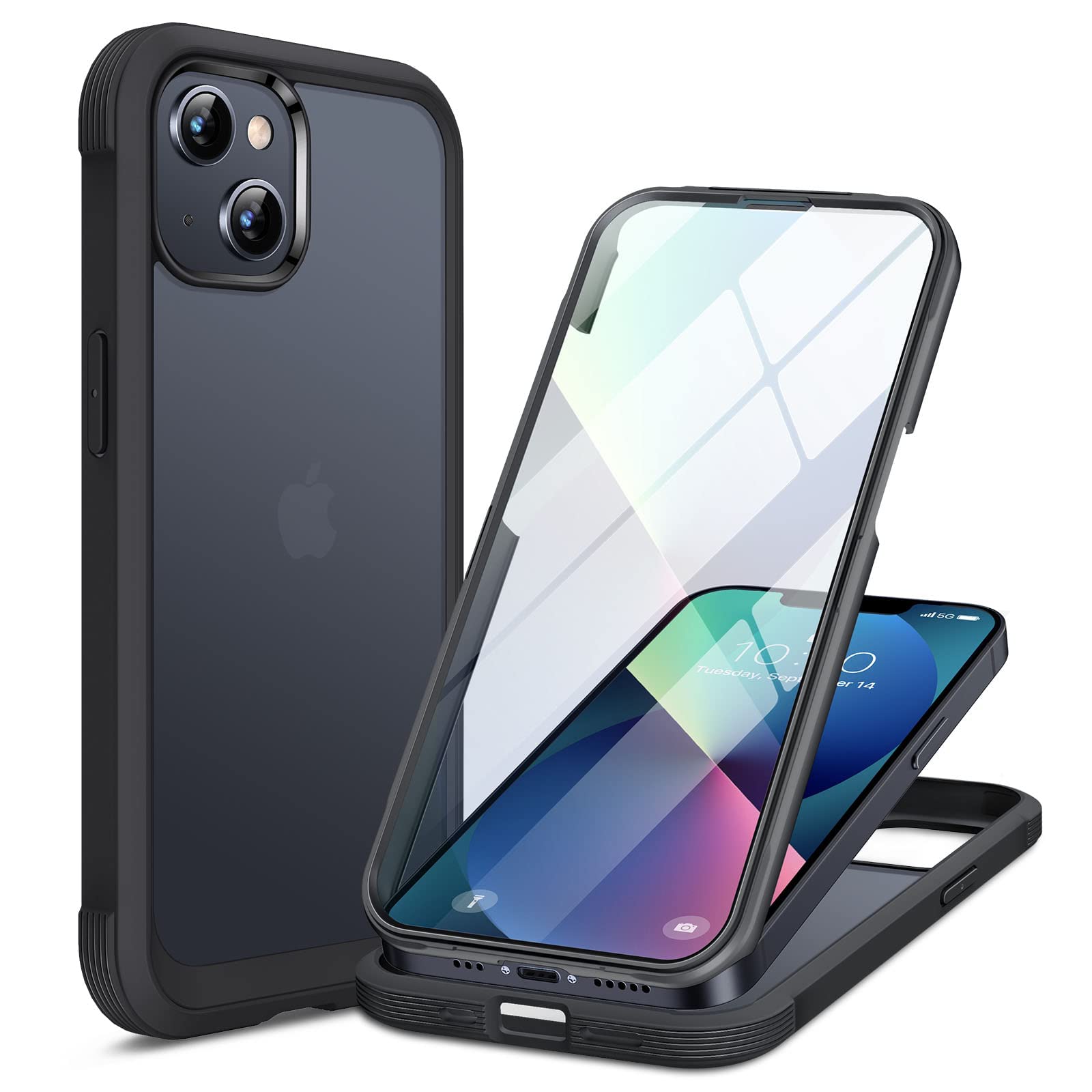 miracase Glass iPhone 13 Case 6.1 inch, 2021 Upgrade Full-Body Clear Bumper Case with Built-in 9H Tempered Glass Screen Protector for iPhone 13,Matte Black