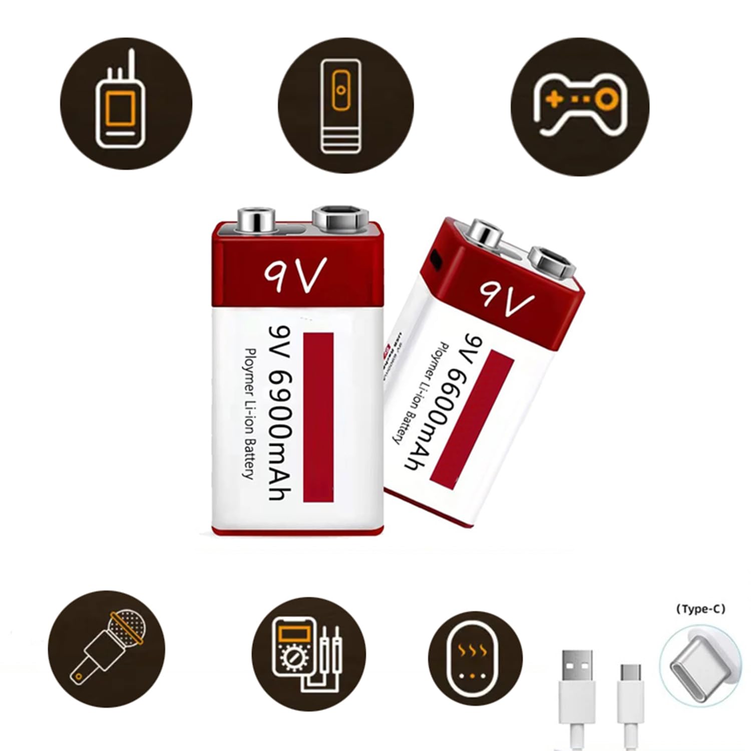 TGHY Batteria Litio Batteria Ricaricabile USB agli ioni Litio 9V Confezione di batterie al Litio ad Alta capacità da 6900 mAh con Cavo di Ricarica USB Tipo C (Confezione da 4)