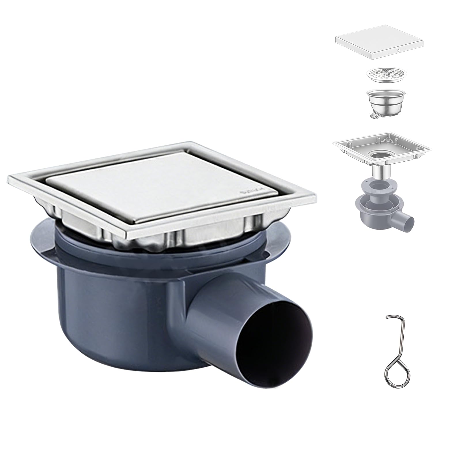 ACESOME Square Shower Drain 10 x 10cm, Stainless Steel Anti-Clogging Floor Drain with Removable Cover, Hair Strainer and 360° Odour Trap for Bathroom, Wet Room, Kitchen (Silver, 10cm x 10cm)