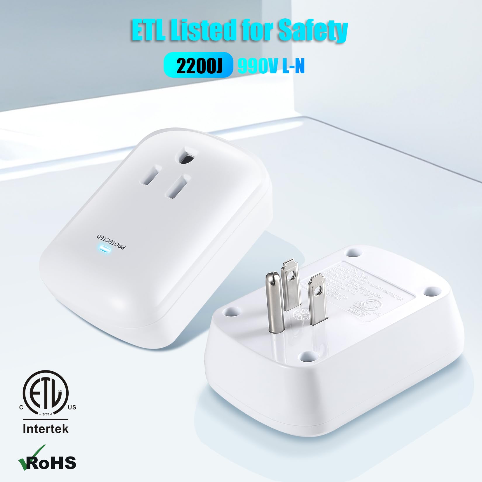 Single Surge Protector Plug, FiiMan ETL Listed Grounded Outlet Wall Tap Adapter with Indicator Light,1-Outlet,2200 Joules/15A/1875W, White, 2Pack
