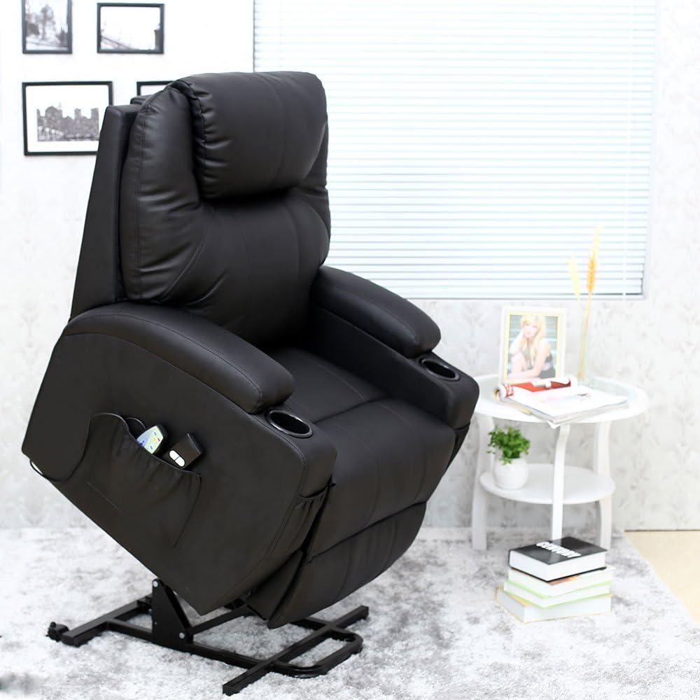Cinemo Electric Rise Recliner Leather Massage Heat Armchair Sofa Lounge Chair (Black)