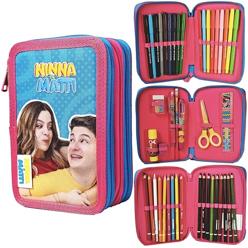 NINNA e MATTI Astuccio a 3 Zip per Bambini Scuola Elementare, Astuccio Completo di 44 Pezzi, Misure 12x6x9,5 Cm