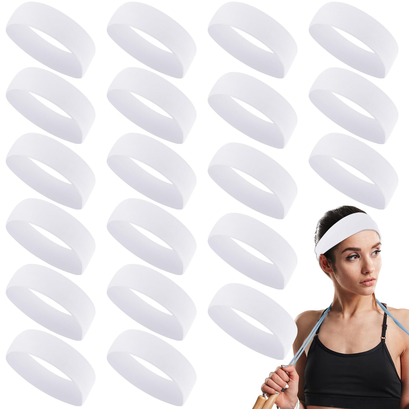 Hotop 20 Pcs Sport Headbands for Girls Women Non Slip Stretchy Soft Fabric Elastic Headband Bulk for Yoga DIY Team Gifts(White)