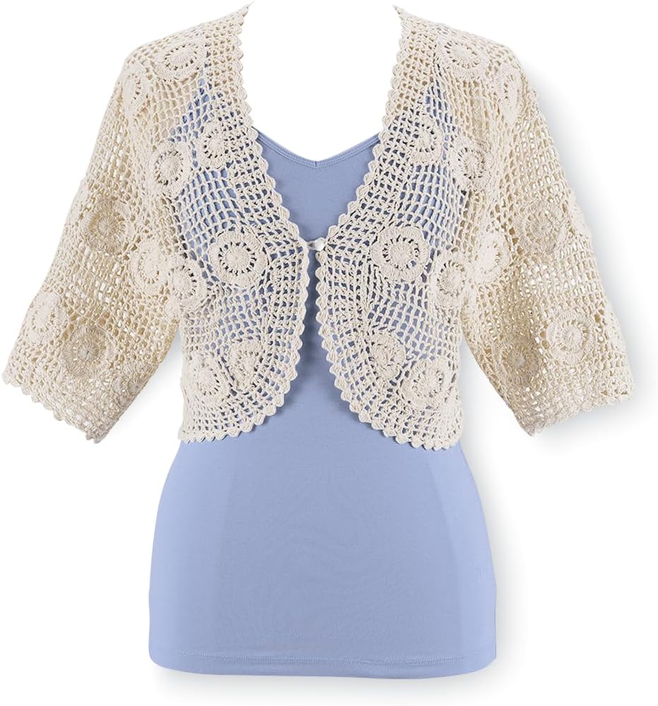 Crocheted Shrug, Women’s Lightweight Knit Cropped Sweater, Short Sleeve Bolero Cardigan, Casual Elegant, Button Front