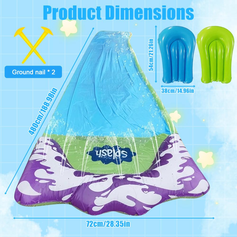Zjeżdżalnia wodna do ogrodu, 480 x 70 cm, Single Water Slide, mata antypoślizgowa z 2 bodyboardami, wbudowanym zraszaczem, zabawka wodna do ogrodu i na zewnątrz, dla dzieci i dorosłych