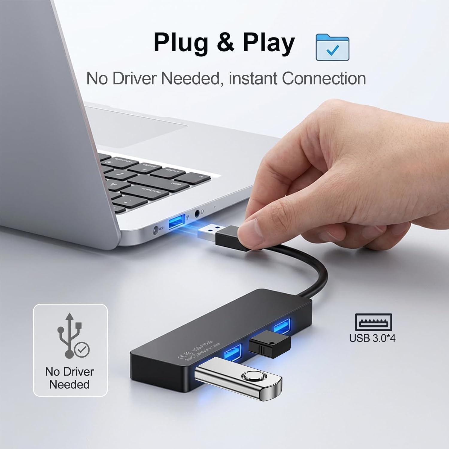 Hub USB 3.0, splitter multiplo USB A a 4 porte, estensione Plug and Play per laptop/PC/desktop, mouse, tastiera, unità flash, disco U, stampante, Xbox, HDD e altro – 0,8 m (non un