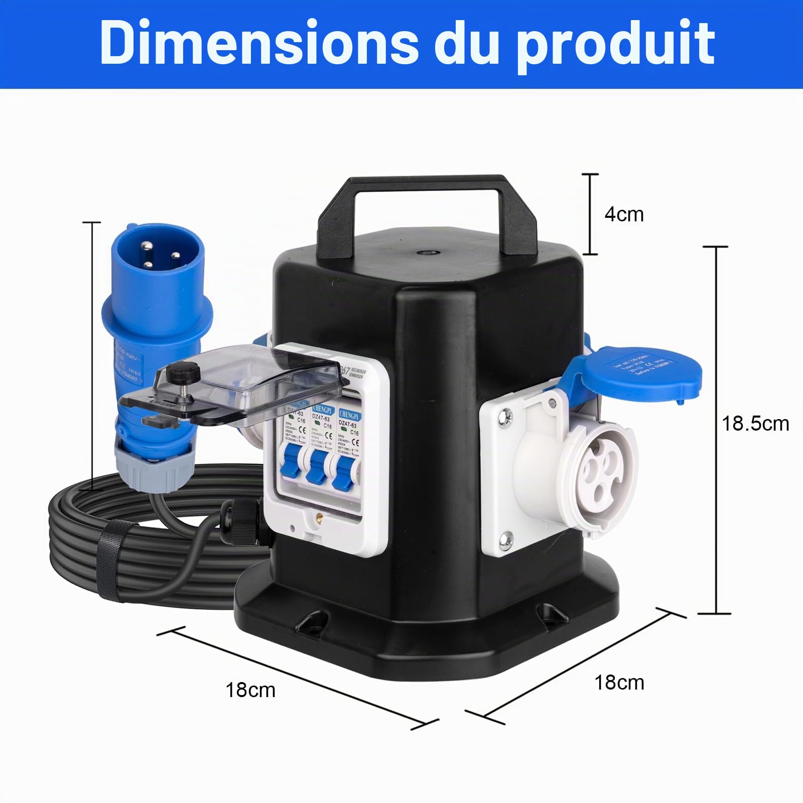 Coffret Électrique de Chantier avec Disjoncteur,Distributeur D'alimentation Portable avec Schuko Socket 250V/16A/3 Pôles,Distributeur IP45 Étanche - idéal pour la Construction et L'extérieur