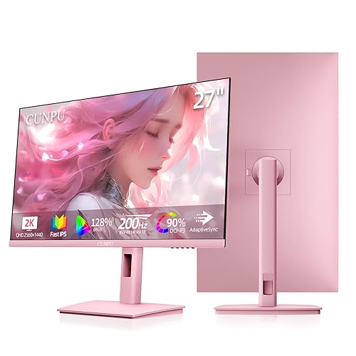 CUNPU 27 Inch Pastel Pink Gaming Monitor QHD 2560x1440 180/200Hz 1ms GTG Fast IPS Computer Monitor, 90% DCI-P3, Adaptive Sync, Built in Speaker, Height/Swivel/Tilt/Pivot Adjustable Stand, HDMI,DP - Pink QHD 180Hz