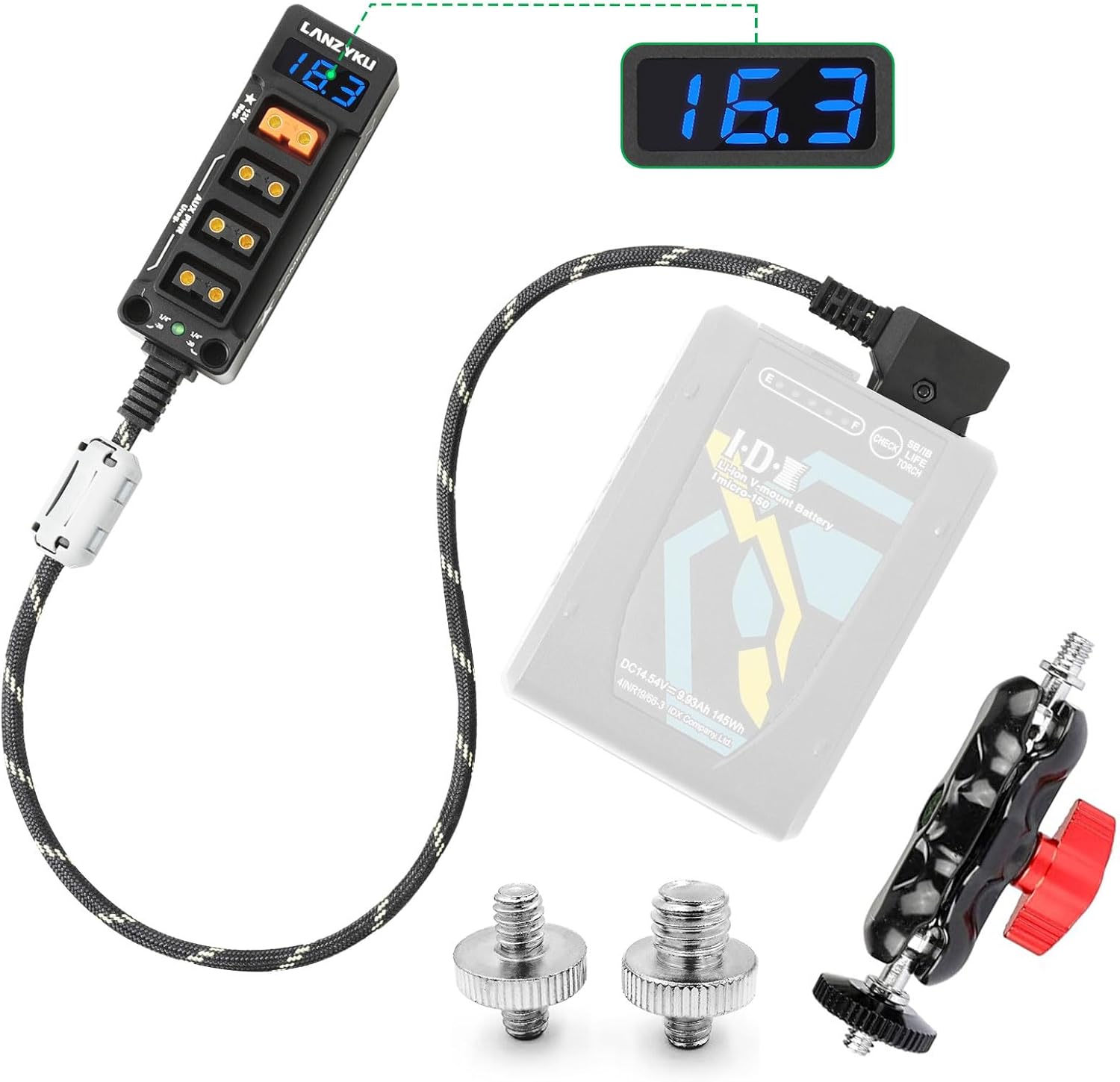 12V Regulated Voltmeter P-Tap D-Tap Splitter for ARRI|RED|Sony|Teradek |Smallhd|DJI|TILTA |SmallRig|V-Mount|Gold-Mount，1/4"-20 Screw Threads, Magic Arm-Braided Kevlar Cable 17.7 inches