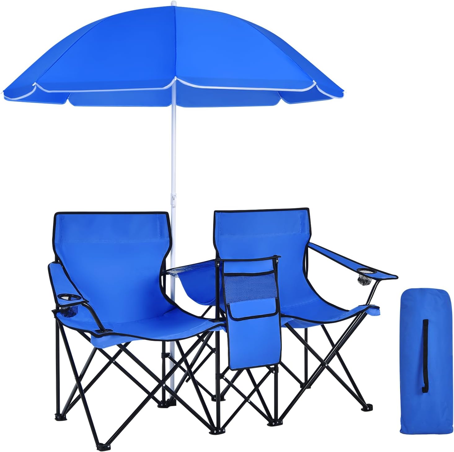 Beach Chair with Umbrella, Portable Camping Chair with Cooler Bag, Cup Holders, Side Pocket, Carrying Bag, Double Folding Chair for Picnic, Patio, Canopy, Outside (Blue)