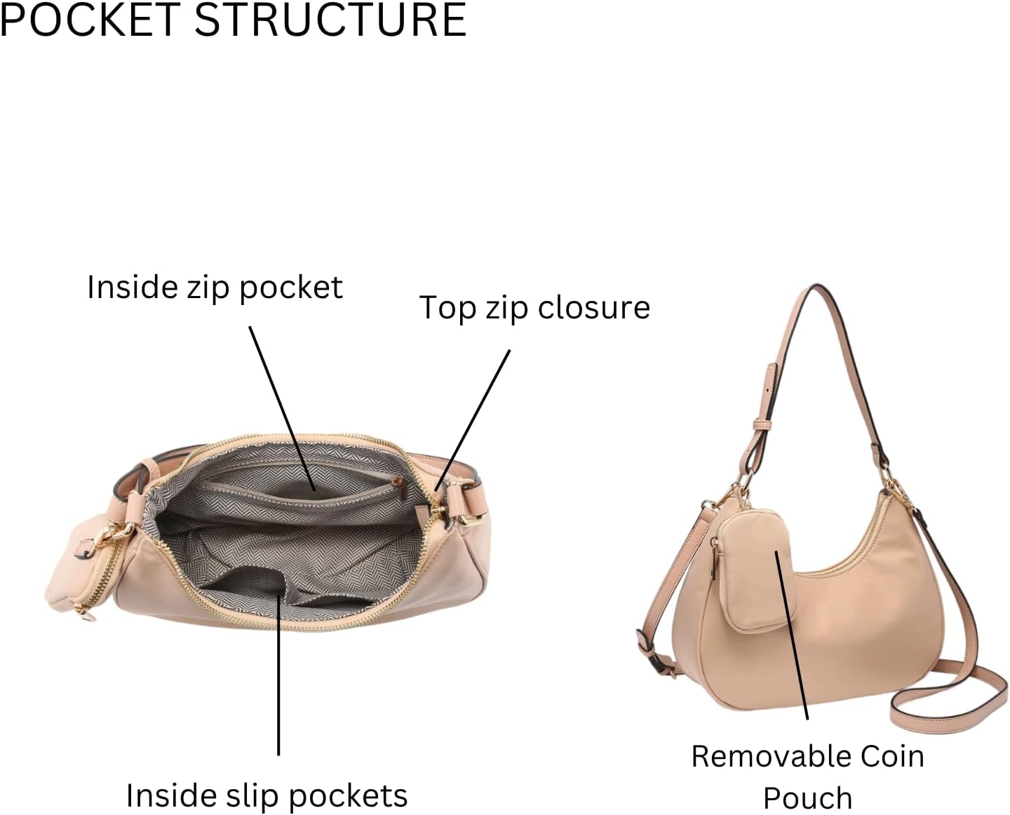 Jada Shoulder Bag for Women Nylon Crossbody Purse Ladies Hobo Handbag with Removable Coin Pouch