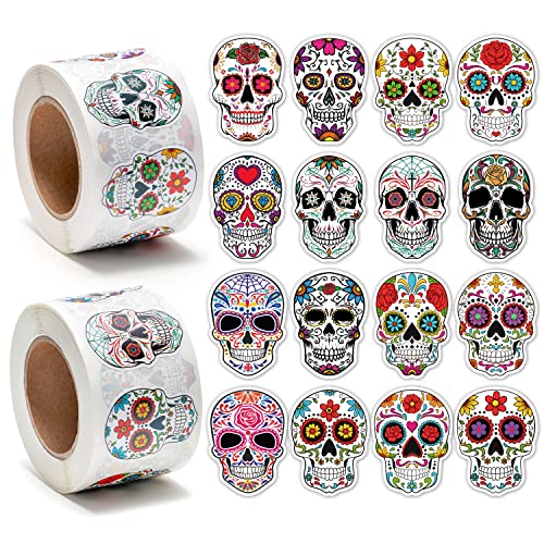 H1vojoxo 1000PCS Day of The Dead Sugar Skull Sticker Roll, Mexican Dia de Los Muertos Stickers for Water Bottle, Mexican Day of The Dead Decals, Sugar Skull Stickers for Luggage, Laptop, Computer