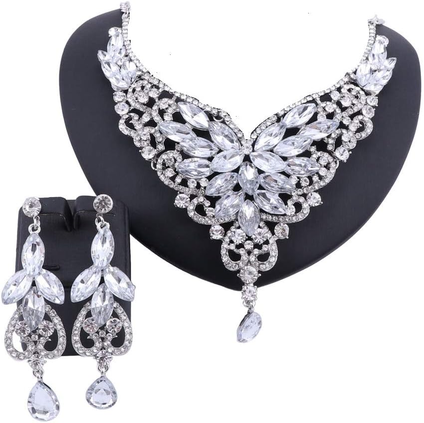 Women 18K Gold Plated Rhinestone Crystal Pendant Necklace Earring Bridal Party Jewelry Sets