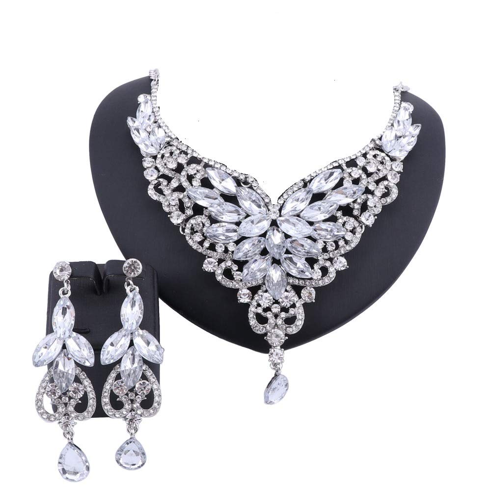 Women 18K Gold Plated Rhinestone Crystal Pendant Necklace Earring Bridal Party Jewelry Sets