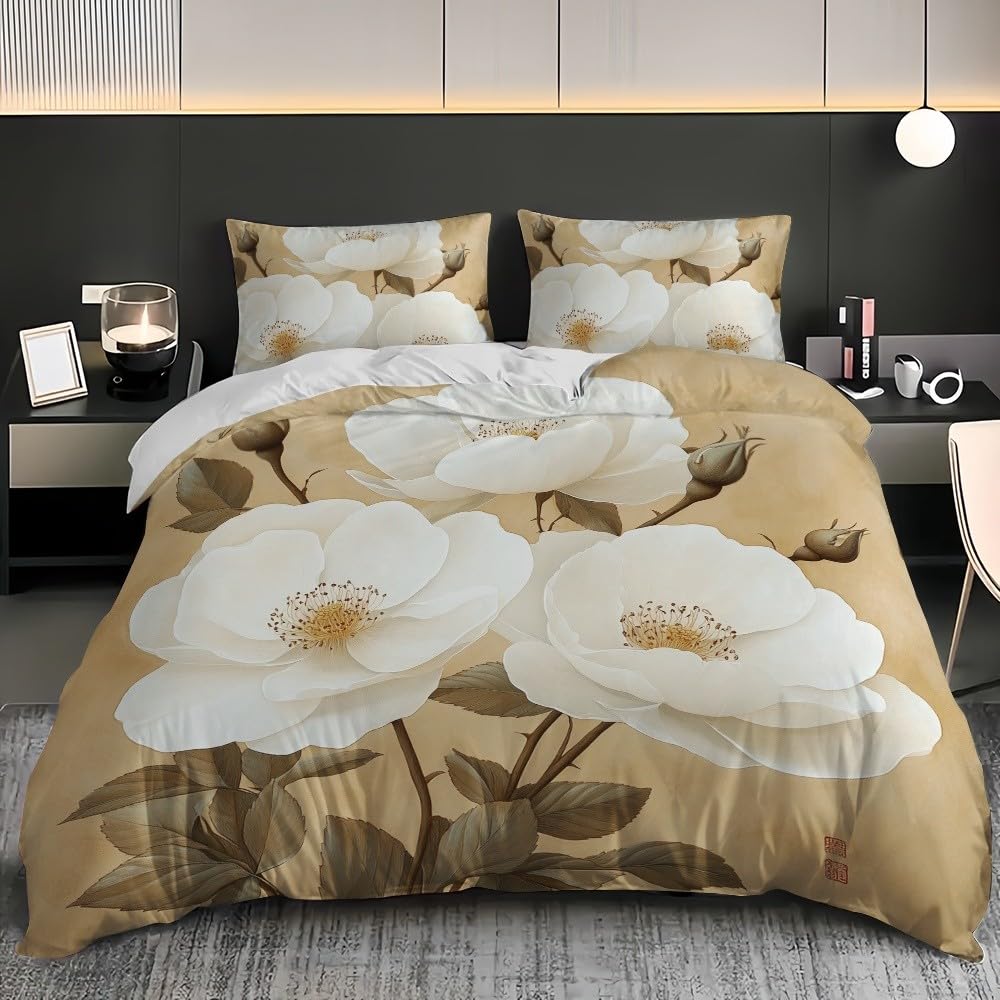 Dzieci Dorośli Zestaw Poszewek Na Kołdrę Z Nadrukiem 3D 150 x 220 cm Brązowy Vintage Mikrofibra Zestaw Pościeli + 2 Poszewki Na Poduszki, Miękki Antyalergiczny Biały Kwiat Poszwa Na Kołdrę Na Łóżko 90
