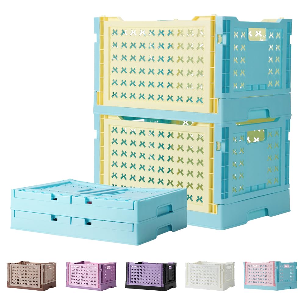 stackable plastic closet storage basket, 2 pack foldable closet organizers and storage bins, decorative basket for closet, shelves, laundry, wardrobe organizing (yellow blue)