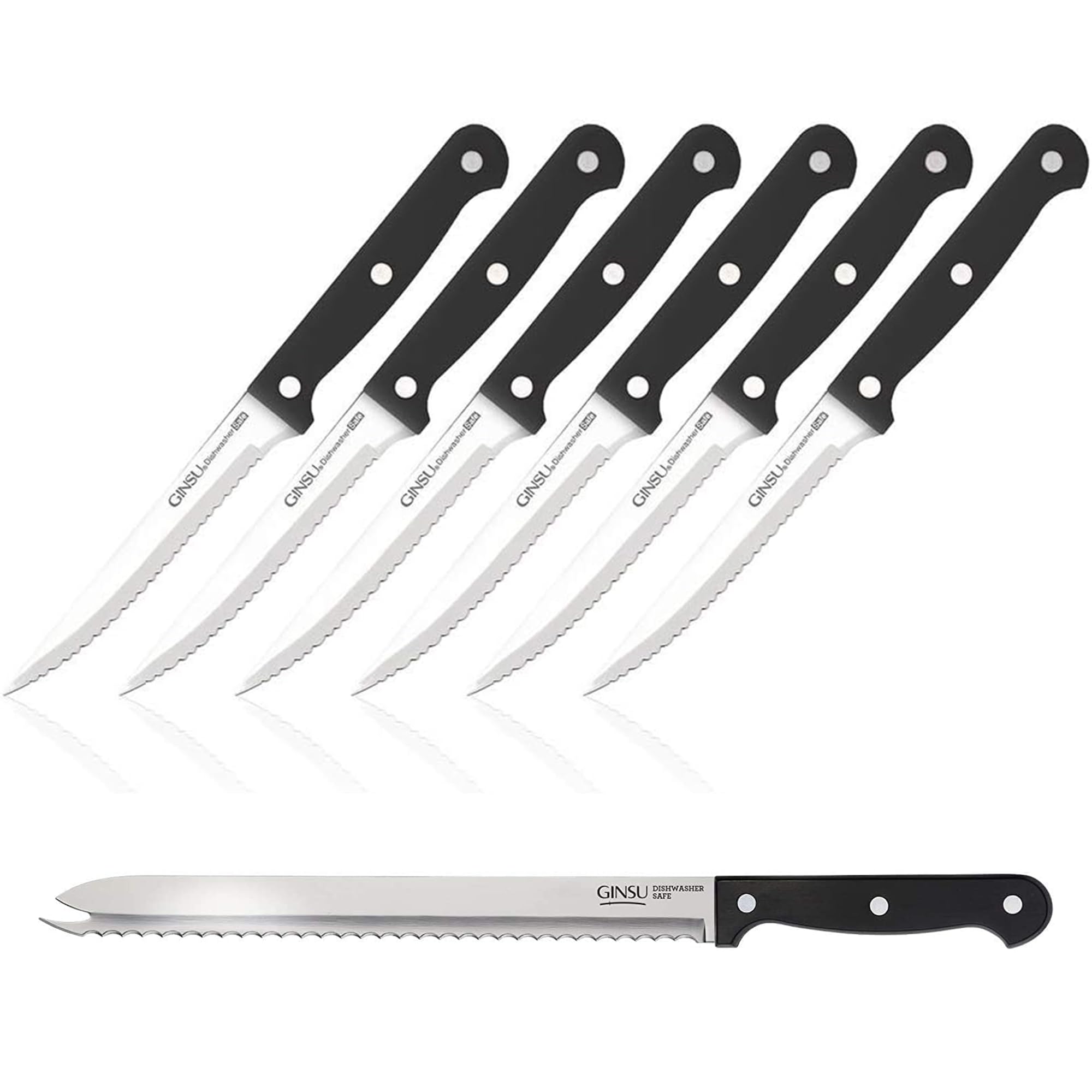 GINSUKiso 6-Piece Black Steak Knife Set with Original Slicer - Dishwasher Safe and Always Sharp