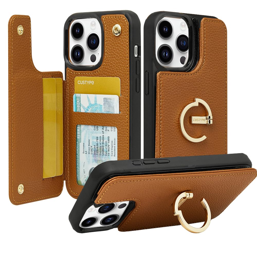 CUSTYPE for iPhone 16 Pro Wallet Case with Card Holder,180°Ring Holder Kickstand Card Slots Case for iPhone 16 Pro 6.3 inch-Brown
