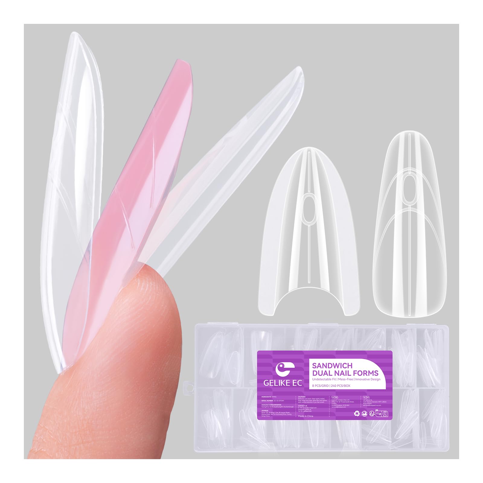 Gelike ec Formas de uñas profesionales dobles para gel constructor: diseño sándwich formas de uñas 240 piezas 15 tamaños – para extensiones de gel impecables – Fácil para bricolaje y salón