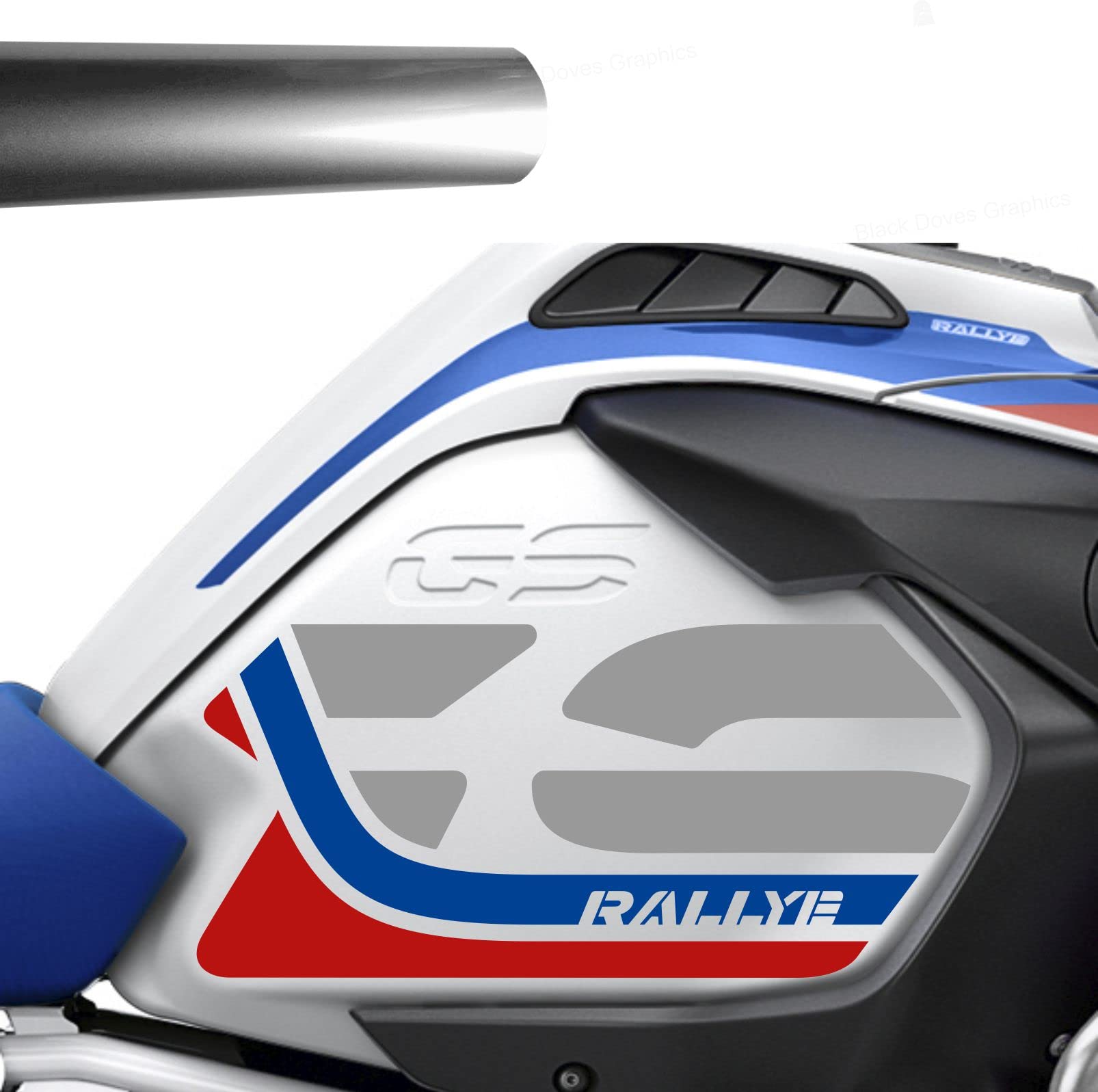 n.2 Adesivi per Fiancate Serbatoio compatibile con/sostitutivo BMW Motorrad R 1200 1250 GS Adventure LC RALLYE (Graphite-Blu-Rosso)