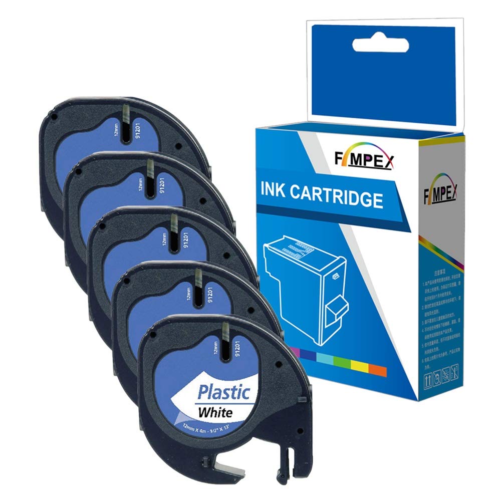 Fimpex Compatible Label Tape 1/2" (12mm) Replacement For Dymo LetraTag LT-100H LetraTag LT-100T LetraTag XR Label Tapes 91201 (Black on White, 5-Pack)