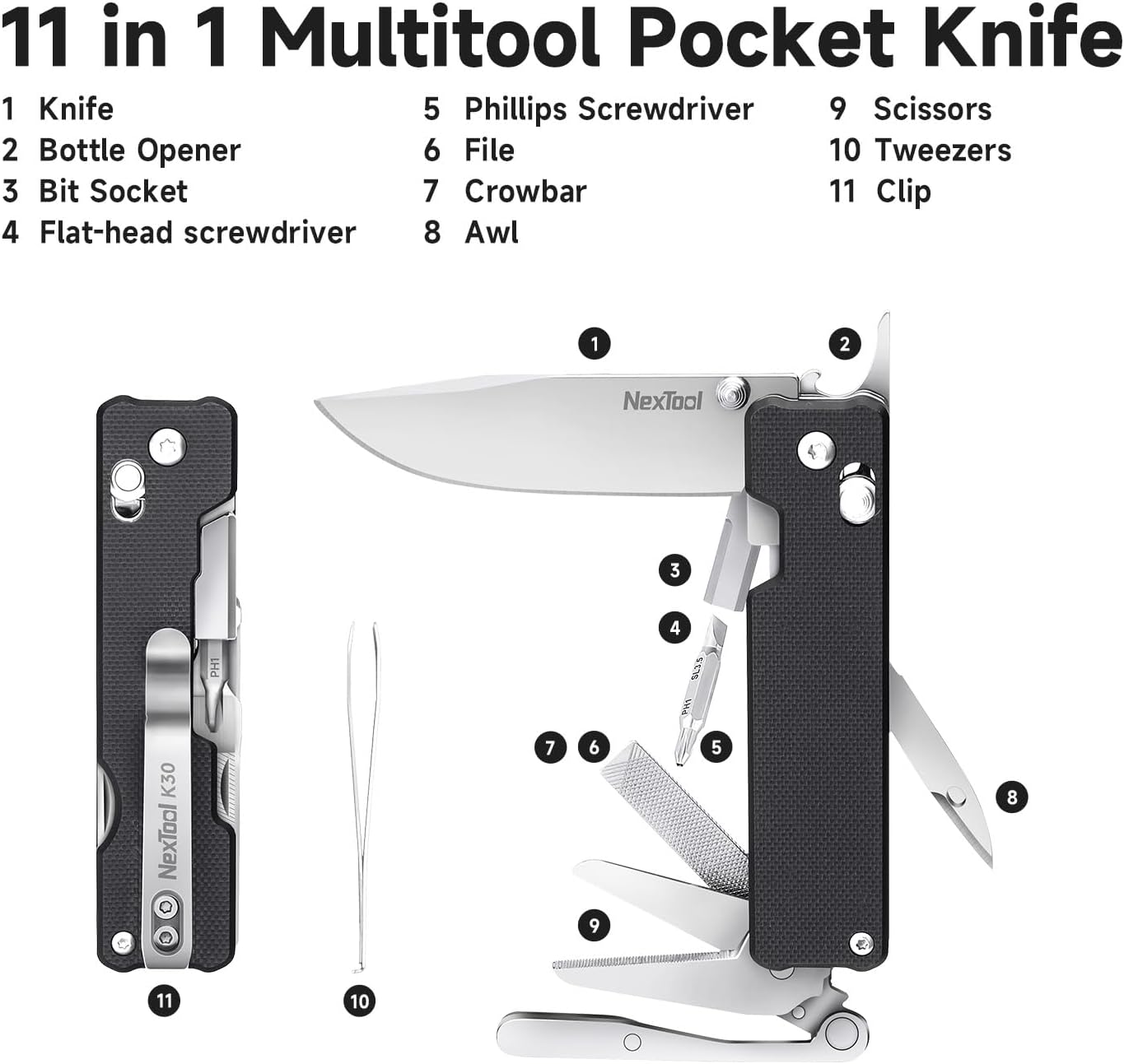 Diagram illustrating the 11 tools integrated into the NexTool Knight K30 Multitool.