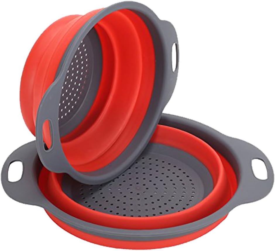 Collapsible Colander Set, BSVLIA 2 Pack Silicone Kitchen Strainer Space-Saver Folding Strainer Colander for Draining Pasta, Vegetable(Red)