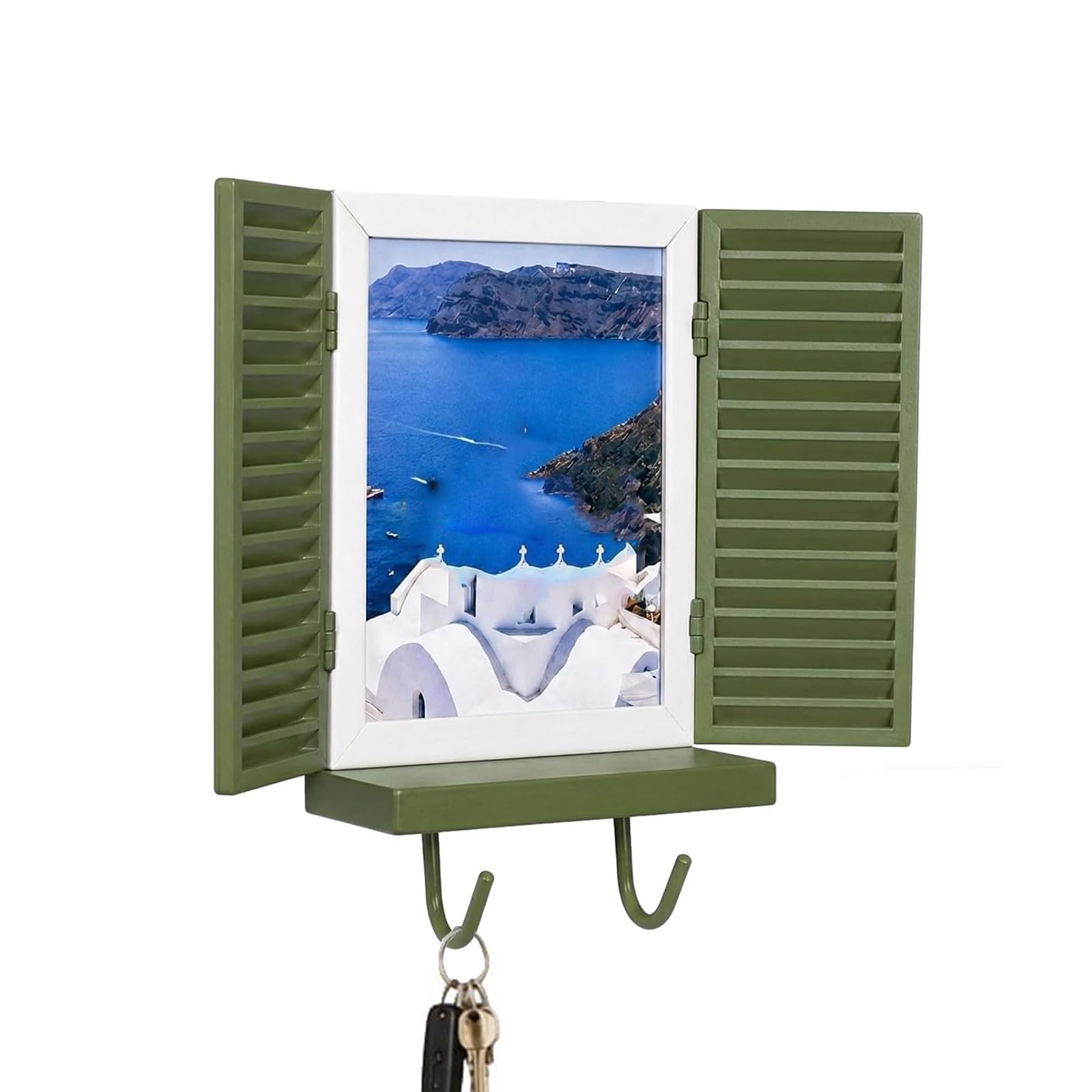 Mediterranean Window Photo & Key Holder, Wall Mounted Key Rack with 2 Rustic Key Hooks and Floating Shelf, Decorative Photo Frame for Travel Photos/Family Memories, for Hallway, Entryway (Green)