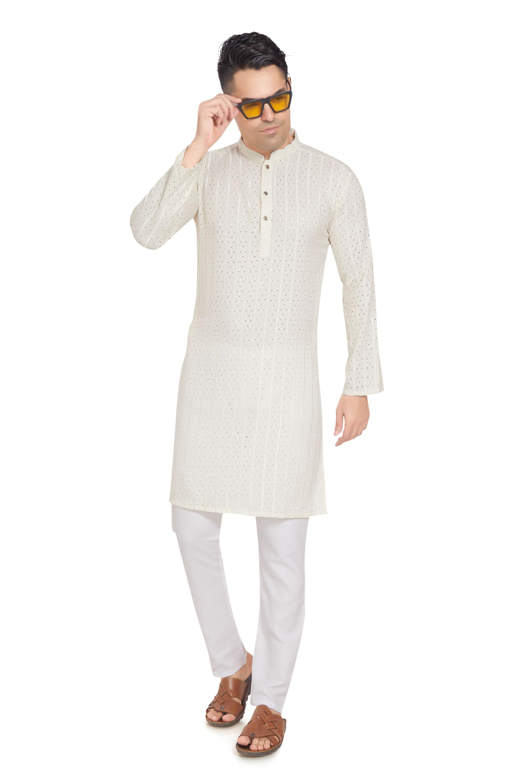 Divisive Men's Embroidered Cotton Blend Only Slim Fit Kurta (Dkrt377_Xl_Cream)