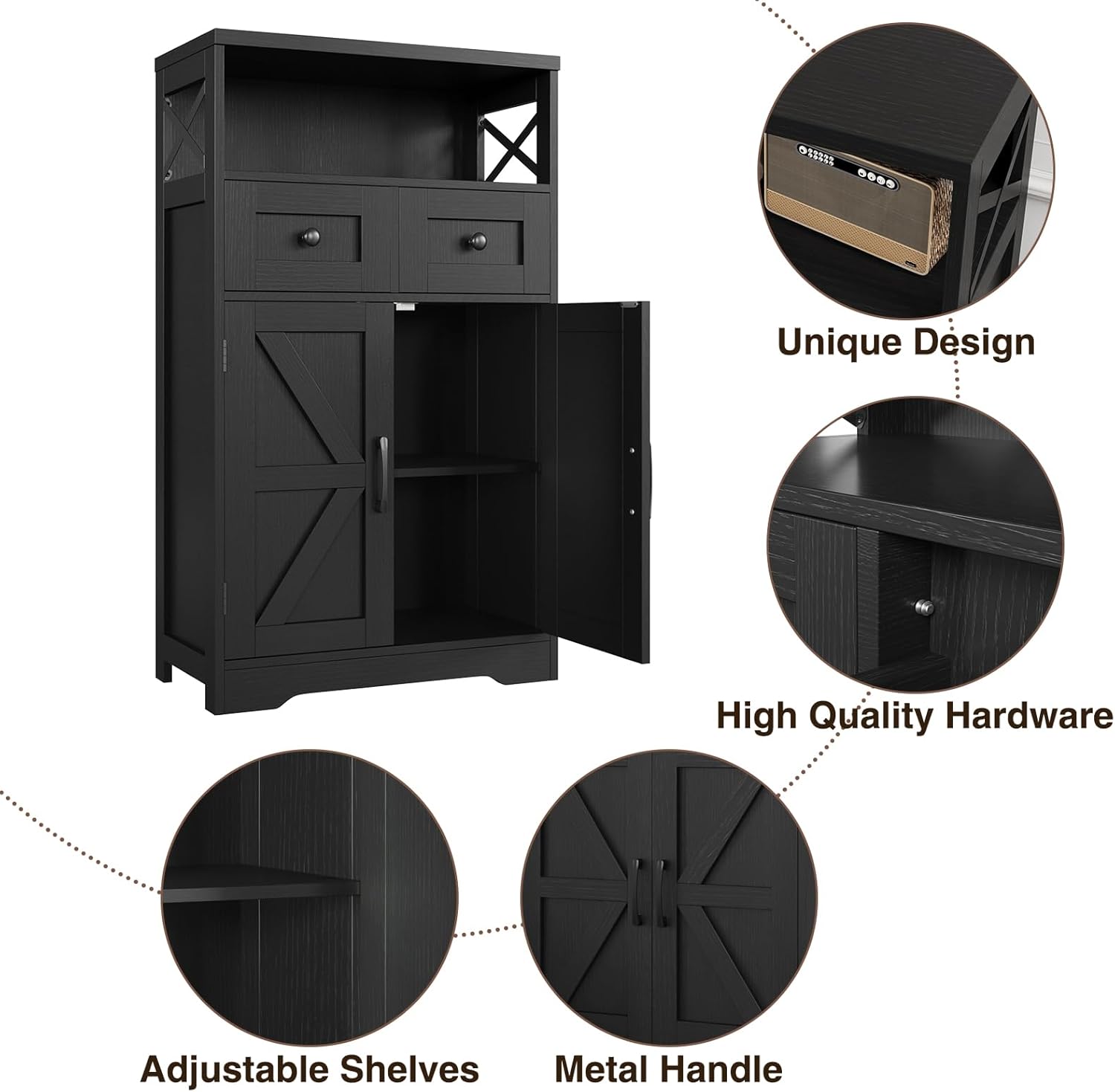Black Farmhouse Kitchen Pantry Cabinet With Doors and Shelves, Coffee Bar Storage, Freestanding Floor Hutch Cupboard for Kitchen, Laundry, Living Room