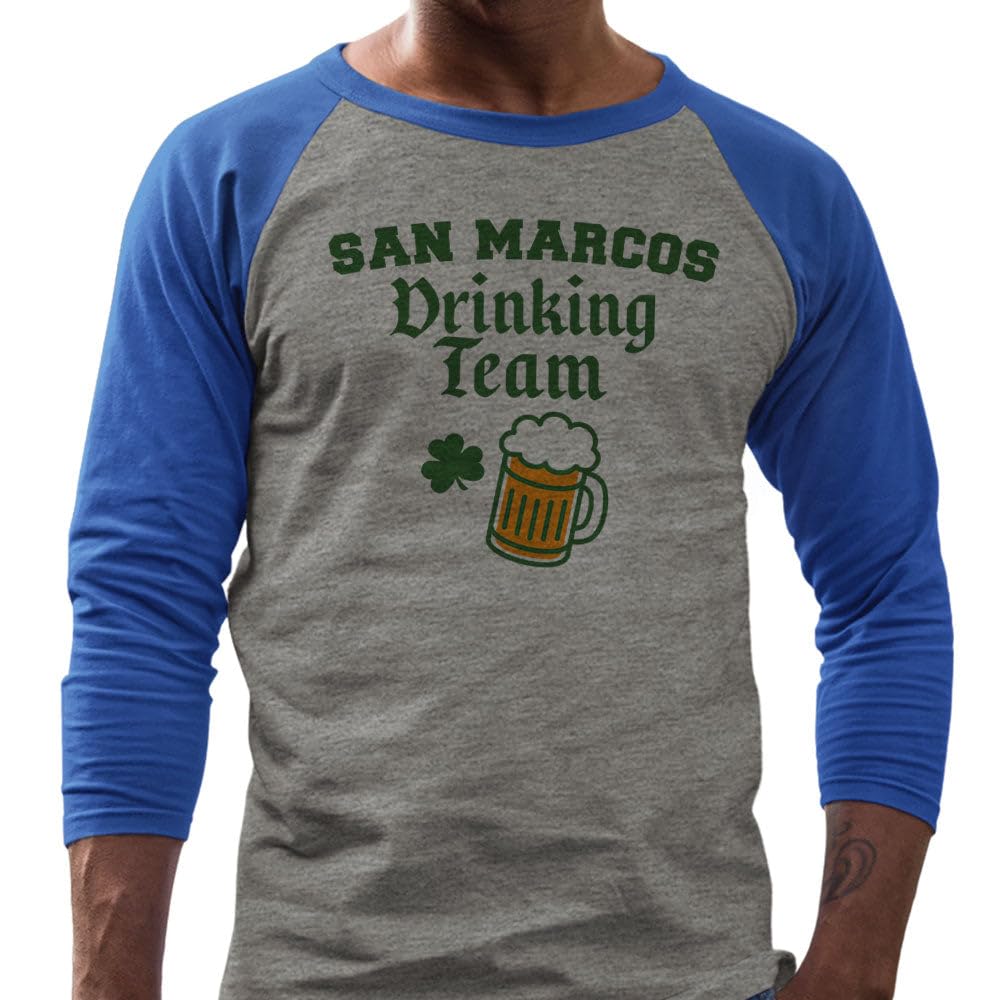 San Marcos Drinking Team St. Patrick's Day Three-Quarter Raglan Sleeve Baseball Shirt Unisex Medium Grey/Royal