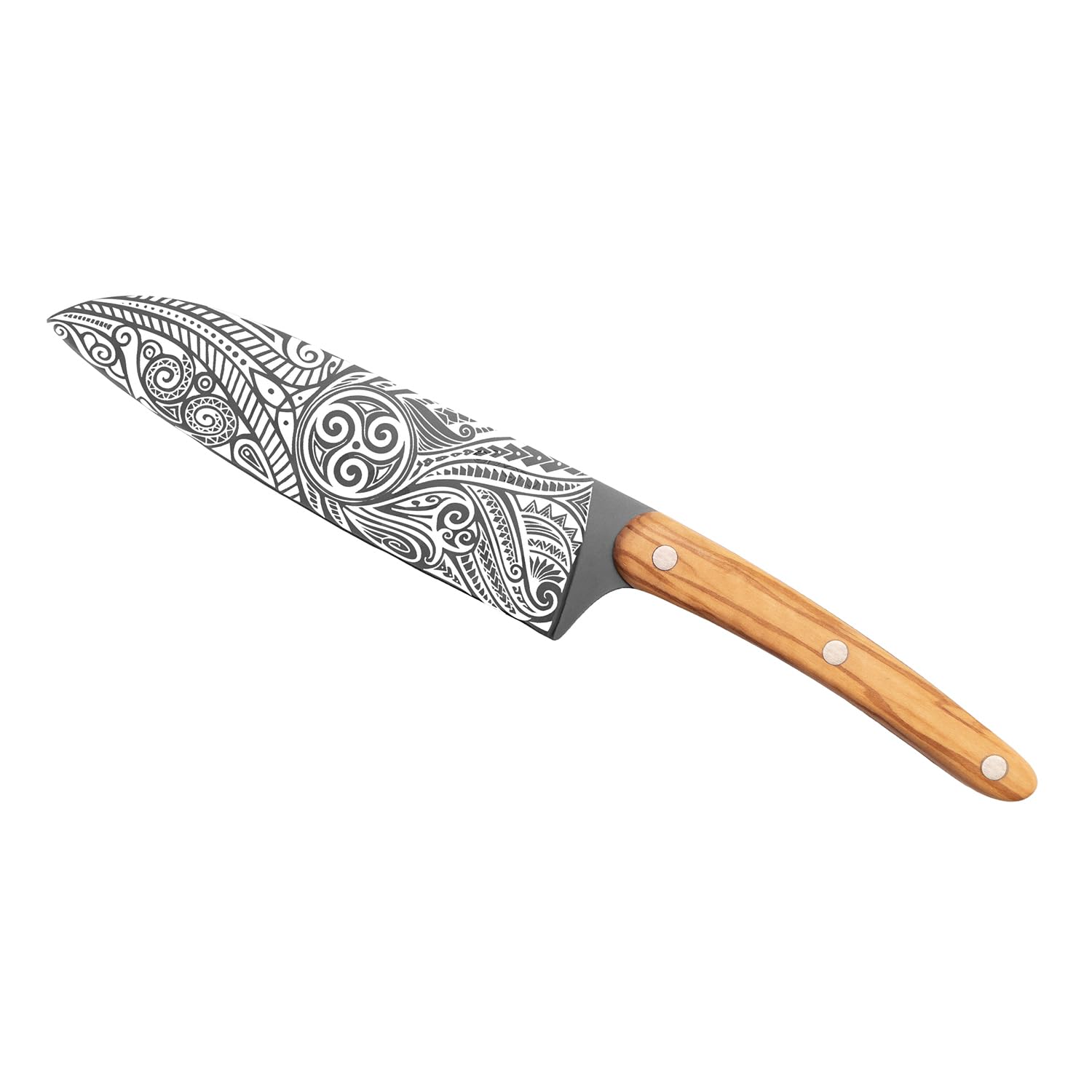 deejo - Couteau Sankai Pleine Soie - Manche en Bois d’Olivier Riveté, Motif Triskell - Lame en Acier Inoxydable X50CRMOV15, Finition Titane Gris Anthracite