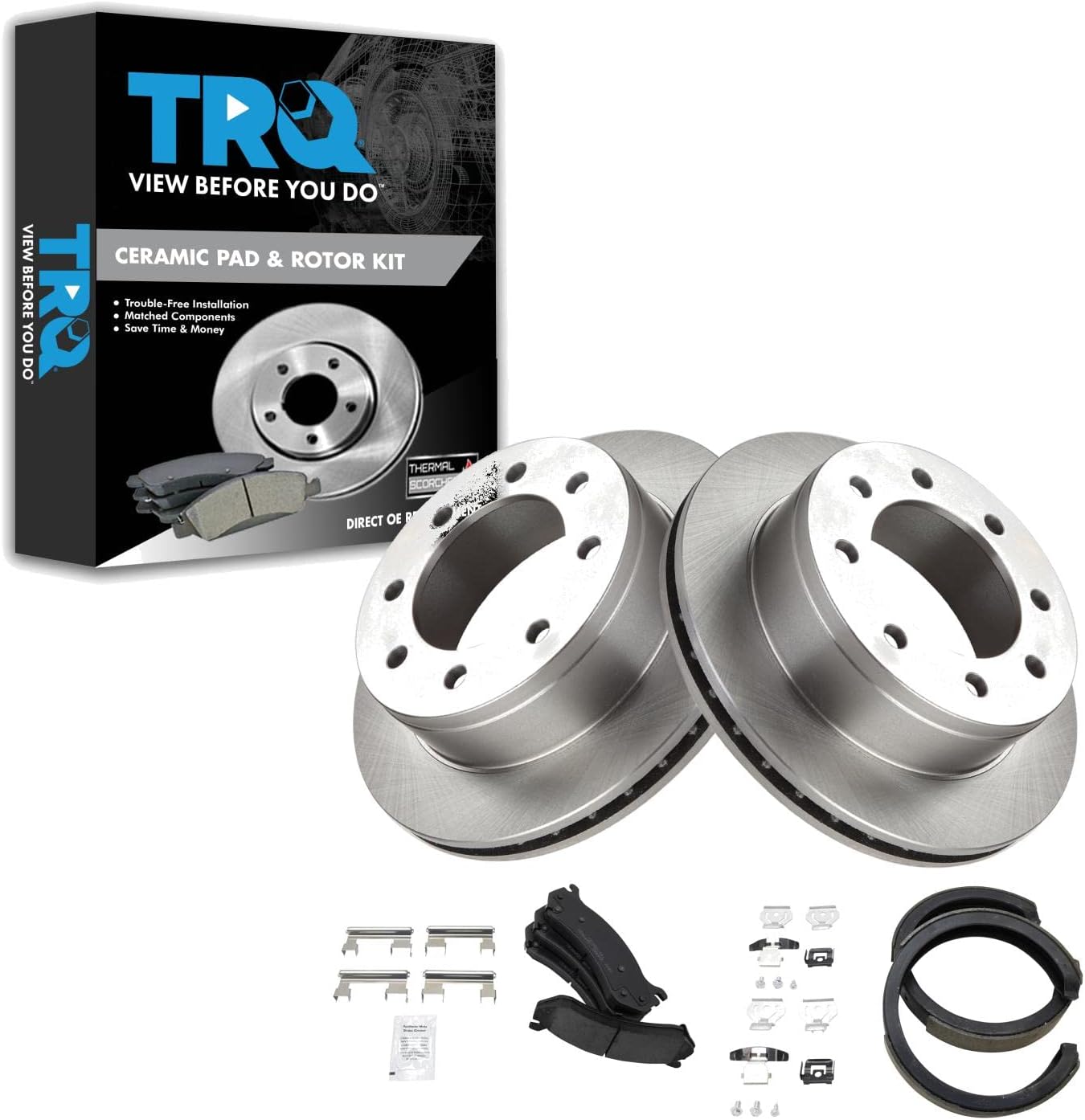 TRQ Rear Ceramic Brake Pad & Rotor Kit Compatible with 2003-2005 Chevrolet 2004-2005 GMC