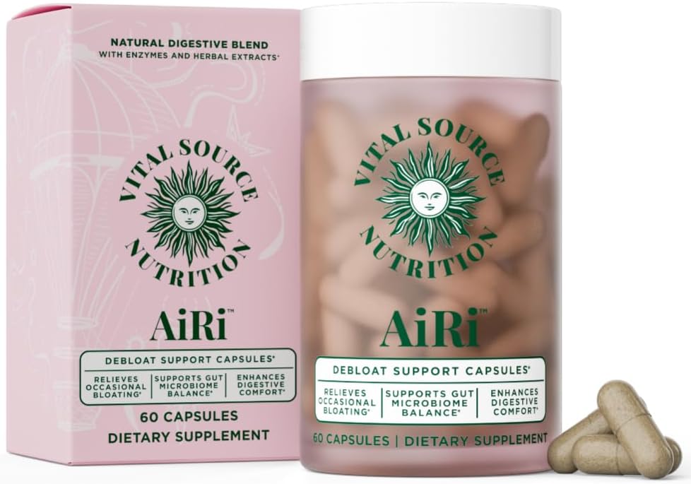 Vital Source Nutrition - AiRi - Debloat Support Capsules - Natural Digestive Blend with Enzymes & Herbal Extracts - Supports Gut Balance & Digestive Comfort - Supplements for Women - 30 Servings