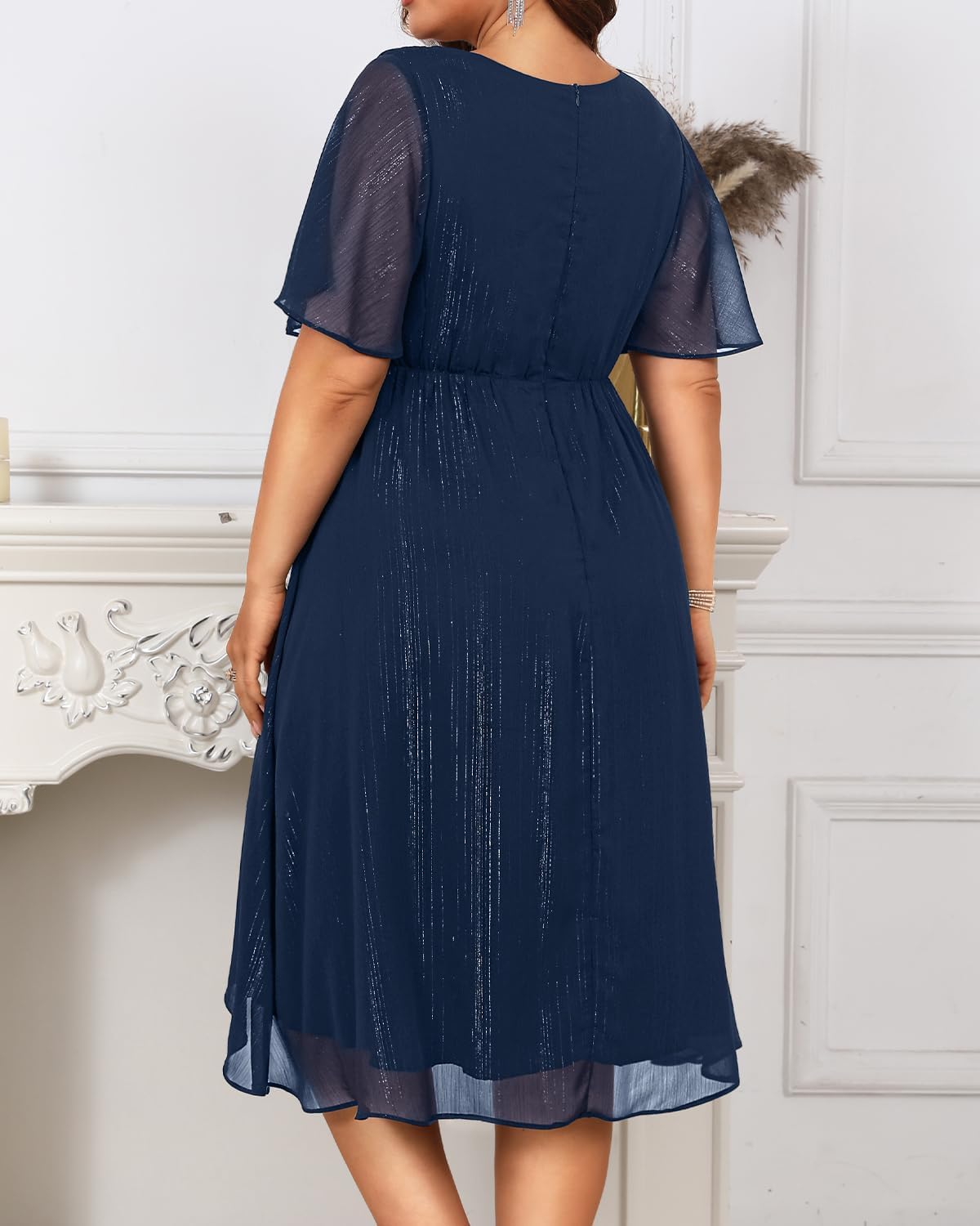 Plus Size Cocktail Dress - Formal Wedding Guest Fall Long Sleeve A Line Pleated V Neck Midi Dresses for Curvy Women