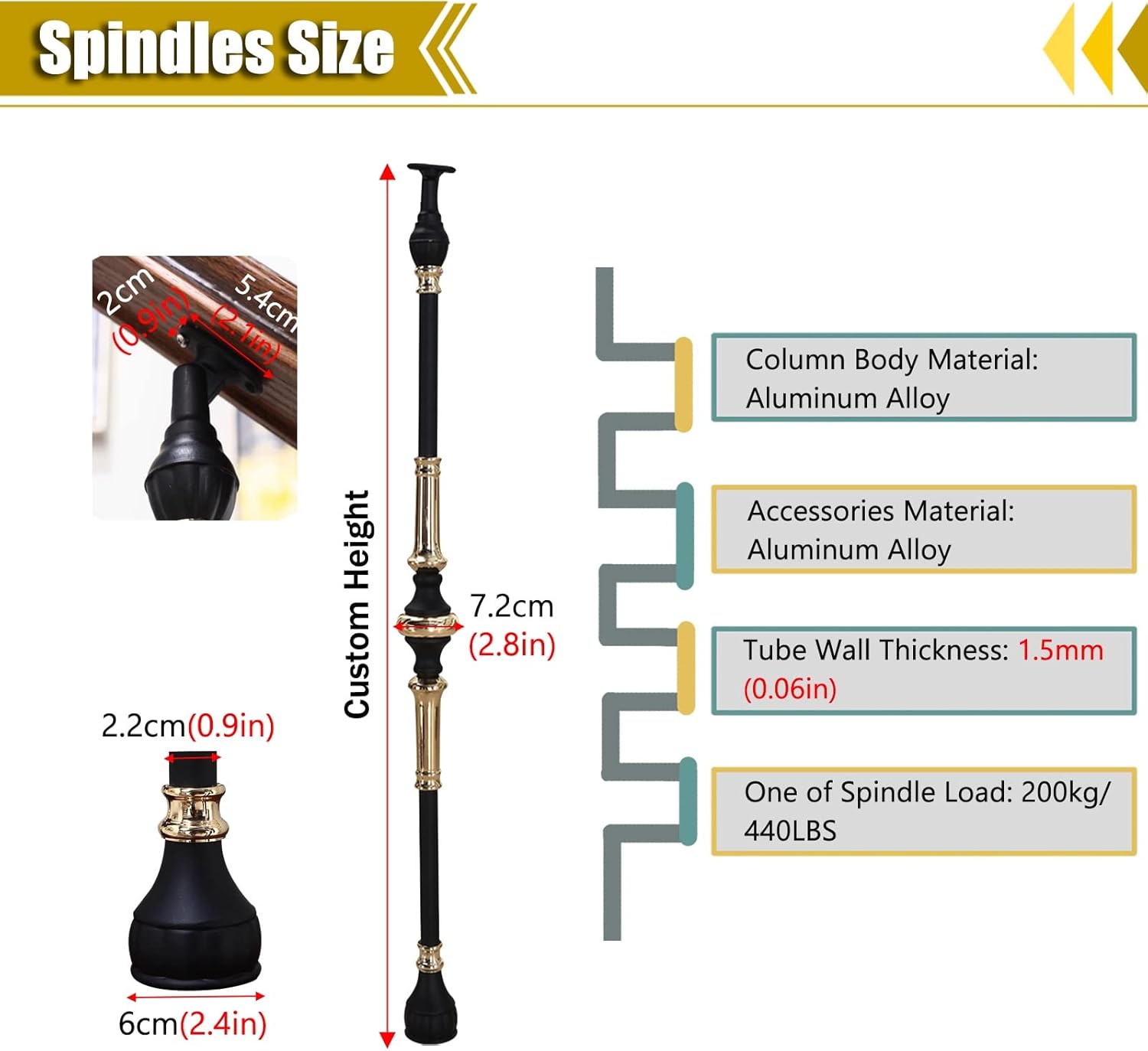 31.5"33.4"35.4"37.4" Tall Stair Banister Spindles, Retro Indoor Aluminum Alloy Guardrail Column for Attic/Villas/Hotel, 1/2/3/5/10 Pack, with Tiltable Bracket ( Color : 2 pack , Size : 95cm(37.4") Tal
