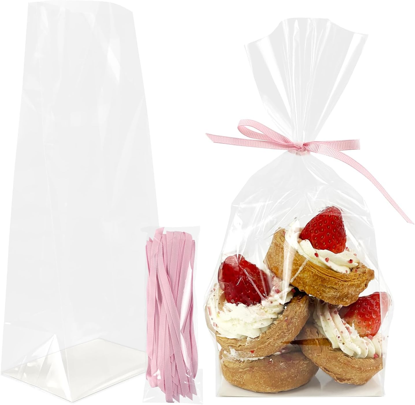 EKAPACKAGING 50Pcs 4x3x10 Inches Pink Ribbons Gusseted Cellophane Bags Flat Bottom with Paper Insert, Cellophane Treat Candy Bags, Clear Cookie Gifts Bags for Bakery Valentines Day Party Favors